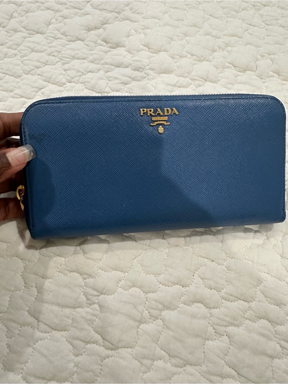 Prada Saffiano Zip Wallet in Light Blue with Gold Hardware